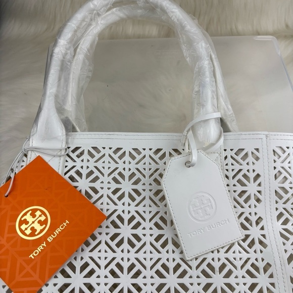 NWT TORY BURCH WHITE CUT-OUT PATENT TOTE SHOULDER BAG - Picture 5 of 9